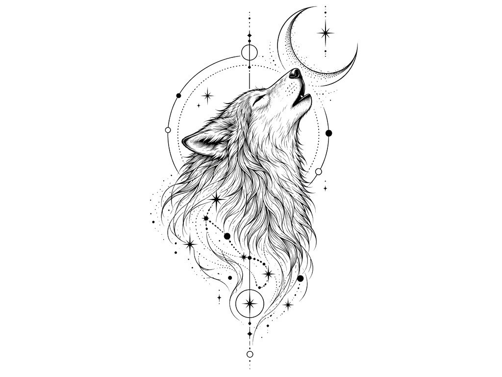 Fine Line Black & White AI wolf tattoo — A serene wolf in profile, its muzzle lifted in a silent howl toward a slender, d