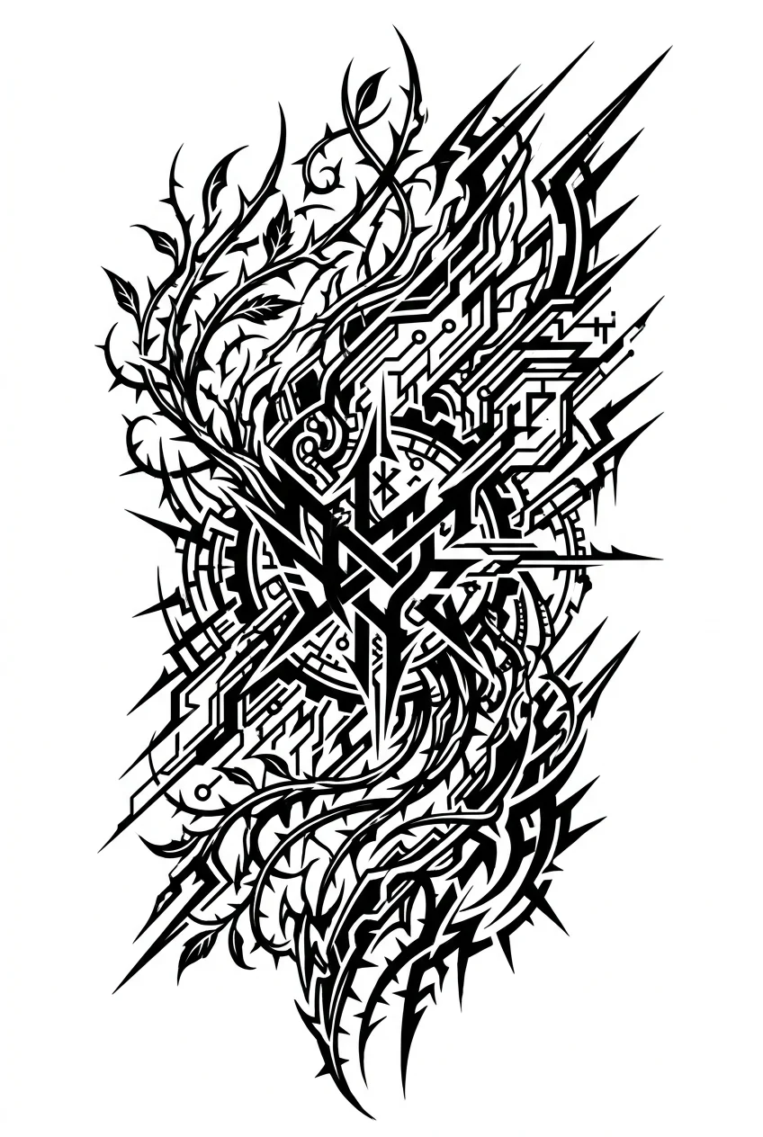 Cybersigilism Black & White AI tattoo — A bio-mechanical sigil with thorny vines and tribal flair