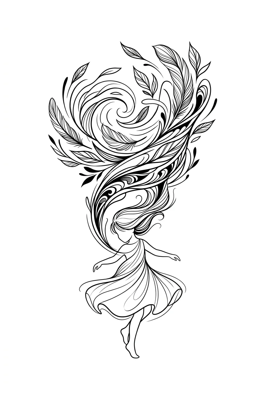 Custom Black & White AI tattoo — A conceptual tattoo of a little child spinning freely in a dance, gradually tran