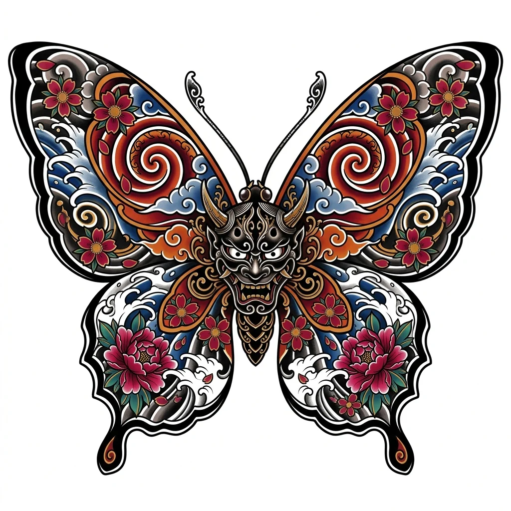 Irezumi Color AI butterfly tattoo — Symmetrical butterfly, no text.
