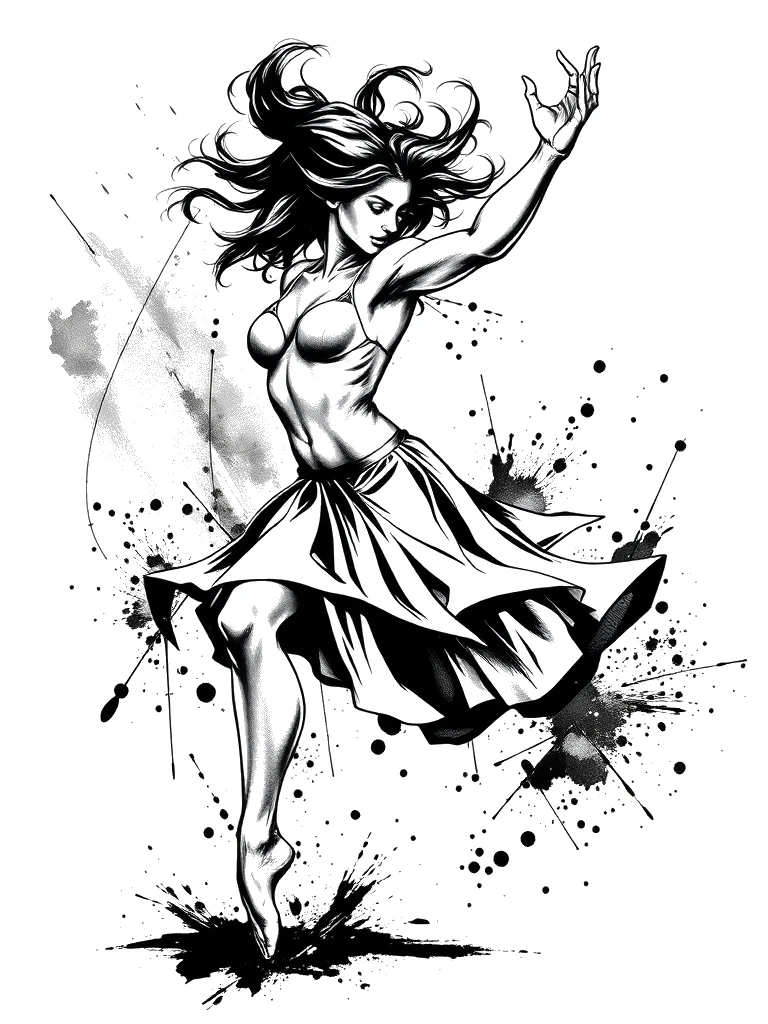 Custom Black & White AI mandala tattoo — A realistic female dancer in a dynamic, sweeping spin, her form rendered with pr