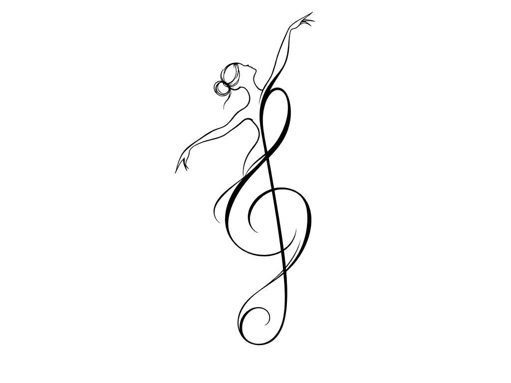 Minimalist Black & White AI tattoo — A single, fluid continuous line forms a treble clef that mimics the graceful sil