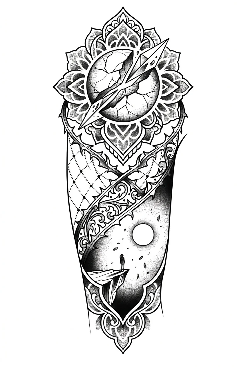 Ornamental Black & White AI moon & sun tattoo — A vertical celestial cascade designed for the arm. At the shoulder, a fractured 