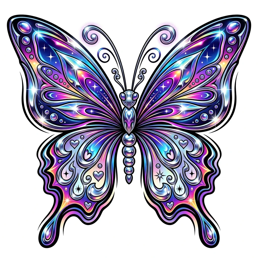 Y2k Chrome Color AI butterfly tattoo — Symmetrical butterfly, no text.