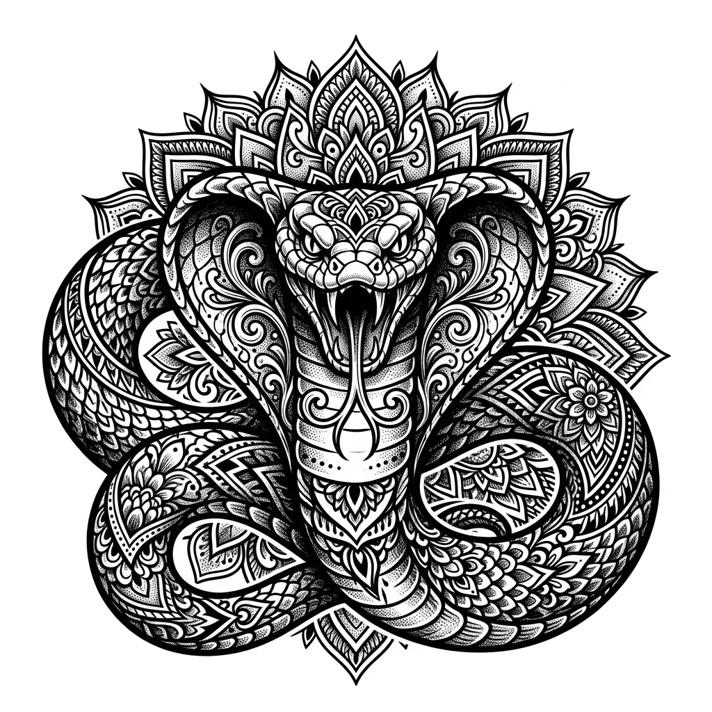 Ornamental Black & White AI snake tattoo — Snake tattoo, a large king cobra with flared hood, bold varying line weights, hi