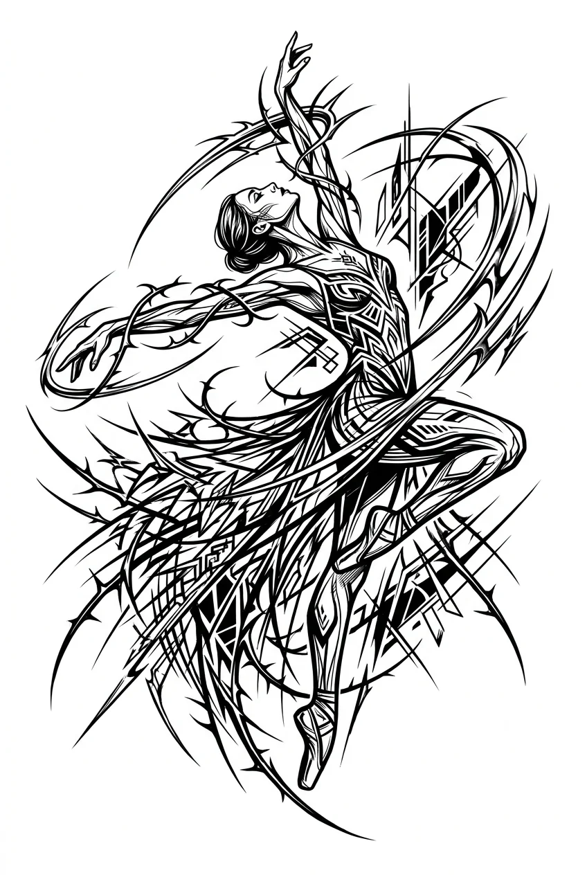 Cybersigilism Black & White AI rose tattoo — An arched female dancer frozen mid-spin, her elegant form dissolving into sharp,
