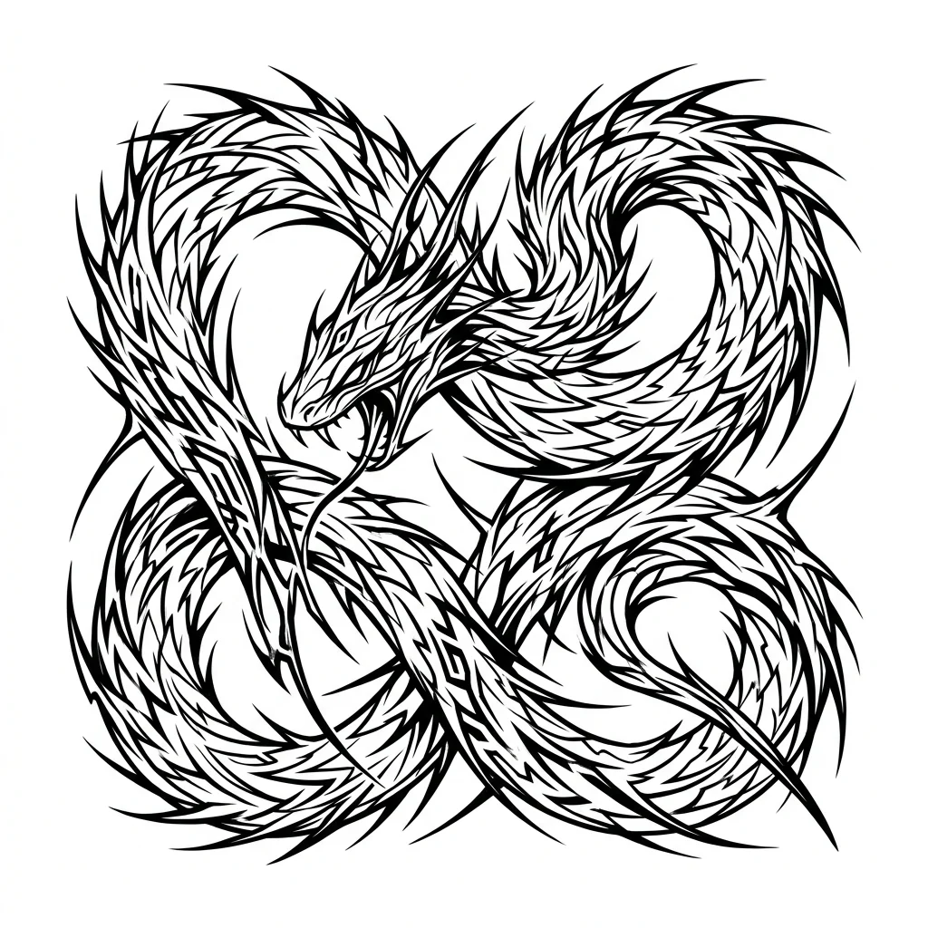 Cybersigilism Black & White AI snake tattoo — Abstract snake in Cybersigilism style, sharp bio-organic spikes forming a coiled
