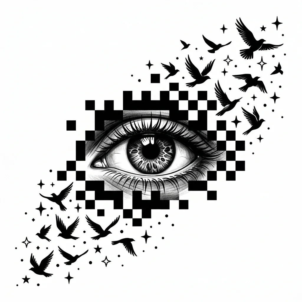 Custom Black & White AI tattoo — Blackwork tattoo, realistic human eye partially hidden behind digital pixel cens