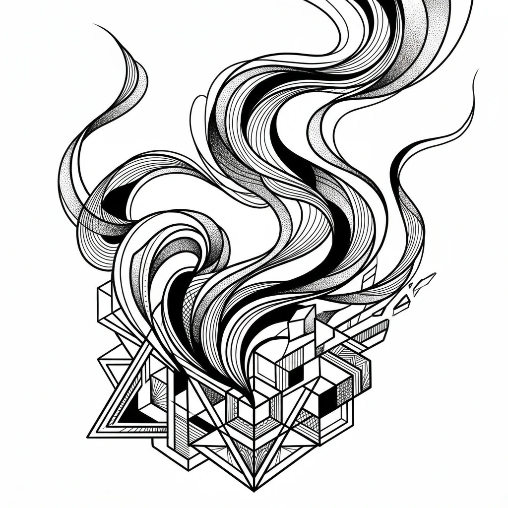 Custom Black & White AI tattoo — Abstract tattoo symbolizing freedom, flowing ribbon-like structures escaping rig