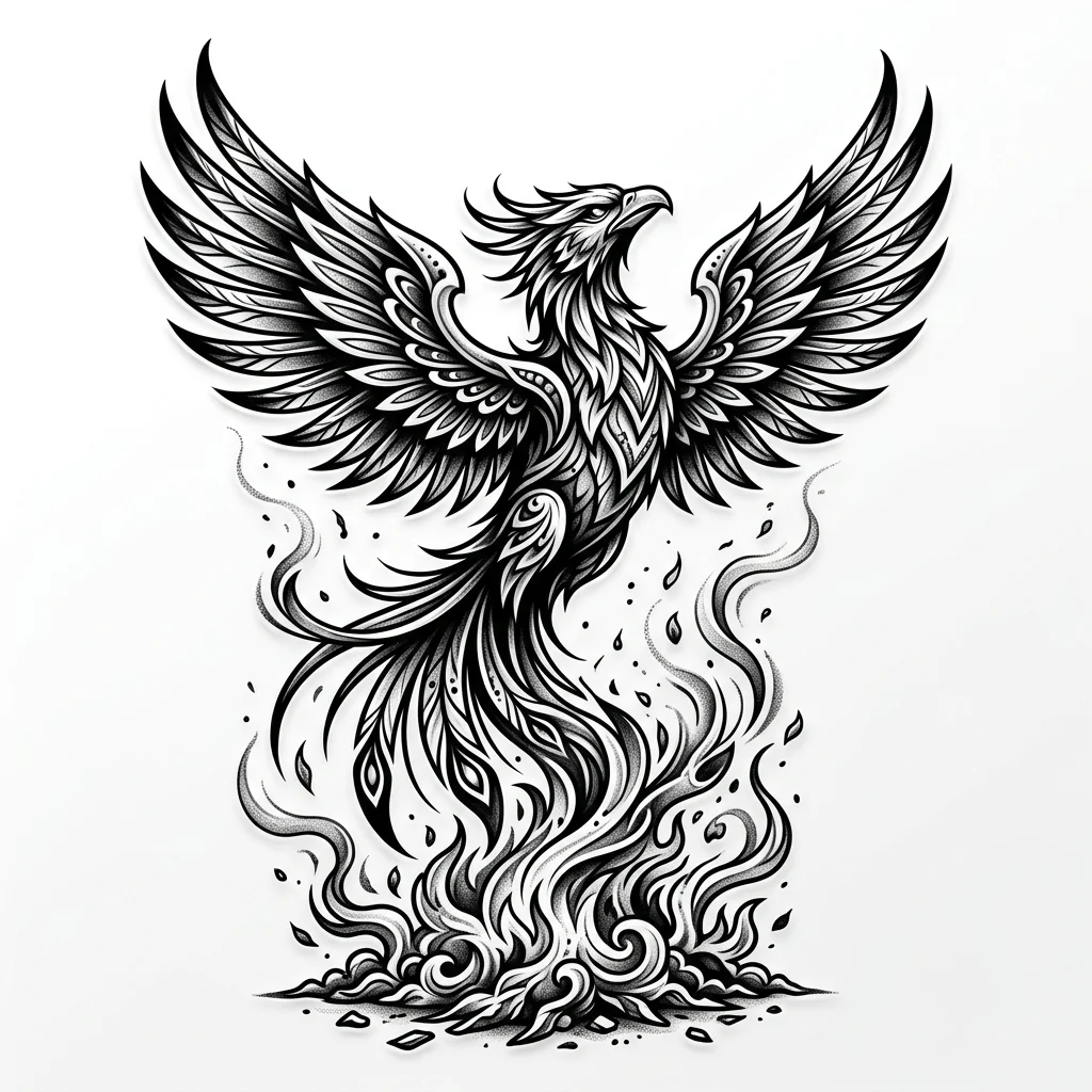 Custom Black & White AI phoenix tattoo — Phoenix  raising up from ash