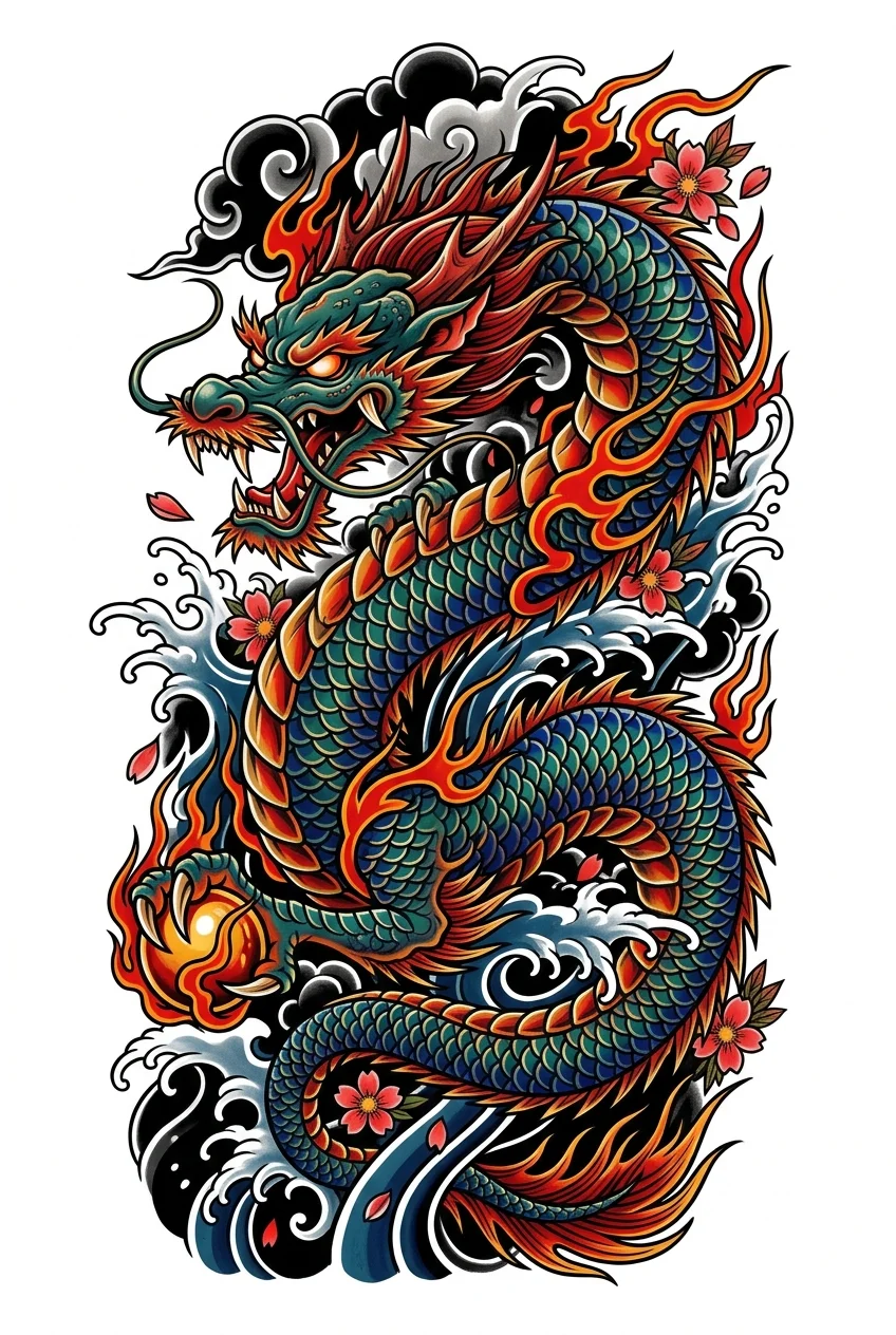 Neo Traditional Color AI dragon tattoo — Dragon