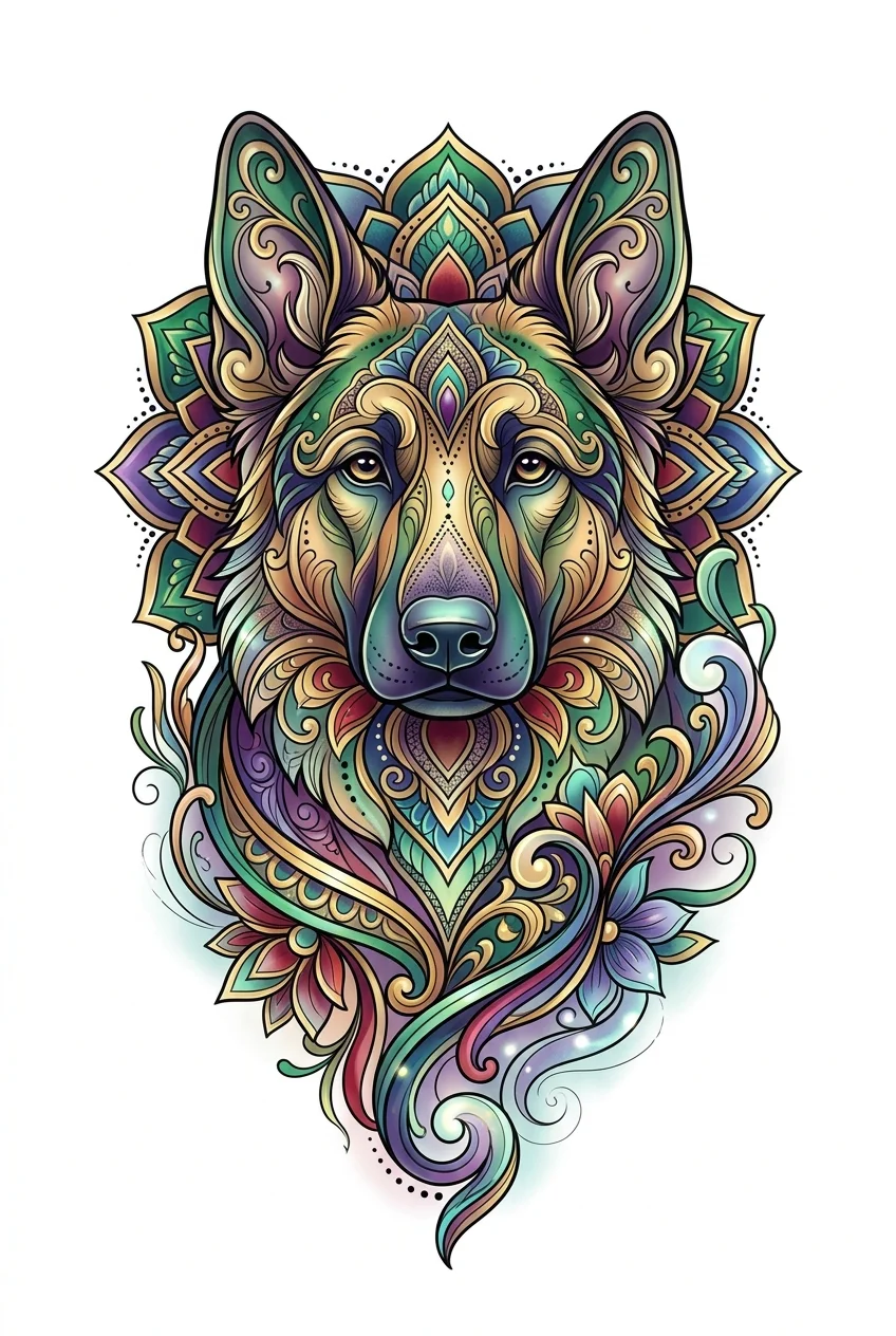 Ornamental Color AI tattoo — Elegant ornamental colorful tattoo design of a German Shepherd, created with flo